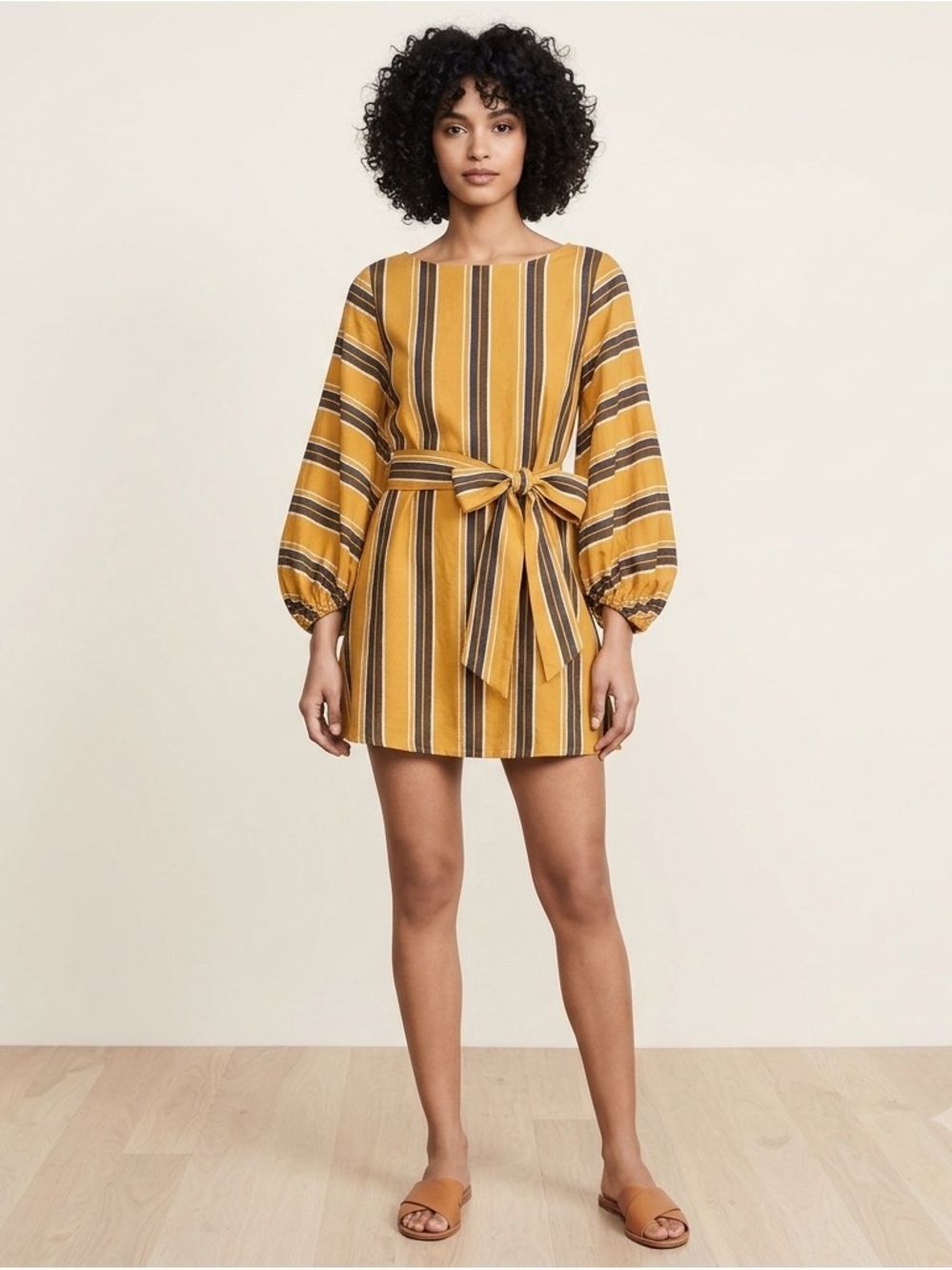 L'ATISTE Mustard Yellow Striped Long Sleeve Mini Dress w/ Belt Tie - Size M